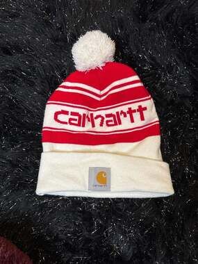 Carhartt Red and White Striped Logo Knit Cuffed Pom Pom Beanie